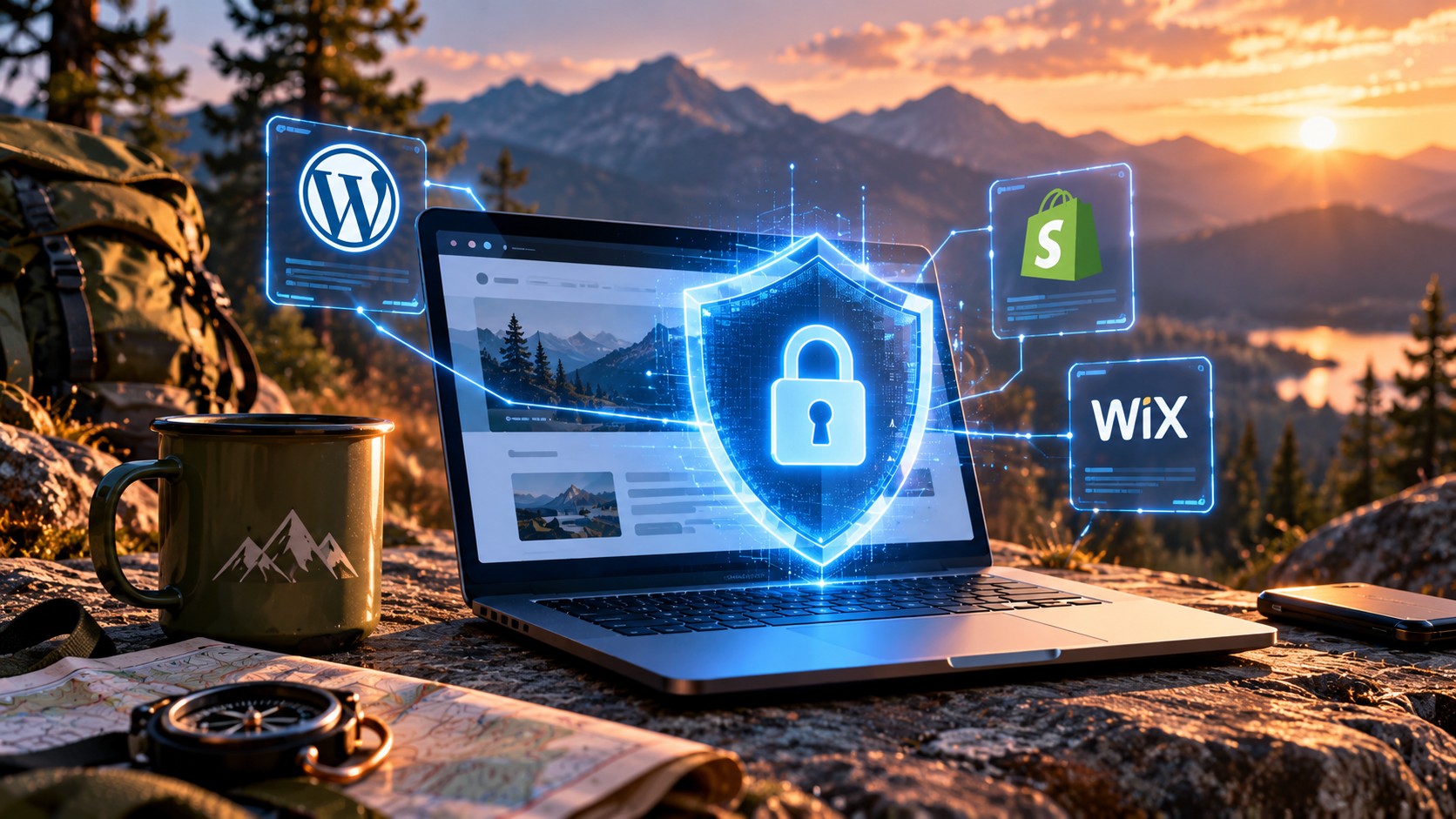 Laptop displaying a glowing cybersecurity shield and padlock at an outdoor mountain campsite, with WordPress, Shopify, and Wix security interface panels against a sunset landscape.